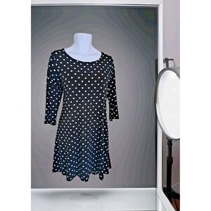 Nina Leonard Dress XL Black Polka Dot Fit & Flare Side Seam Pockets 3/4 Sleeves